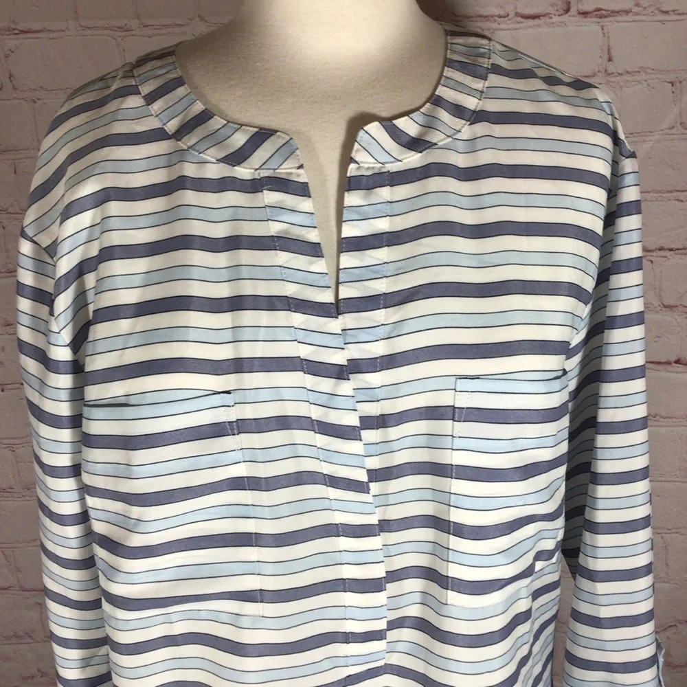 Ann Taylor Blue and White Stripe Long Sleeve V-Neck Top - Size Medium - Picture 2 of 7